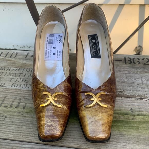 Vintage 90s J Renee gold marble metallic square toe faux buckle block heels 8M - Picture 2 of 6